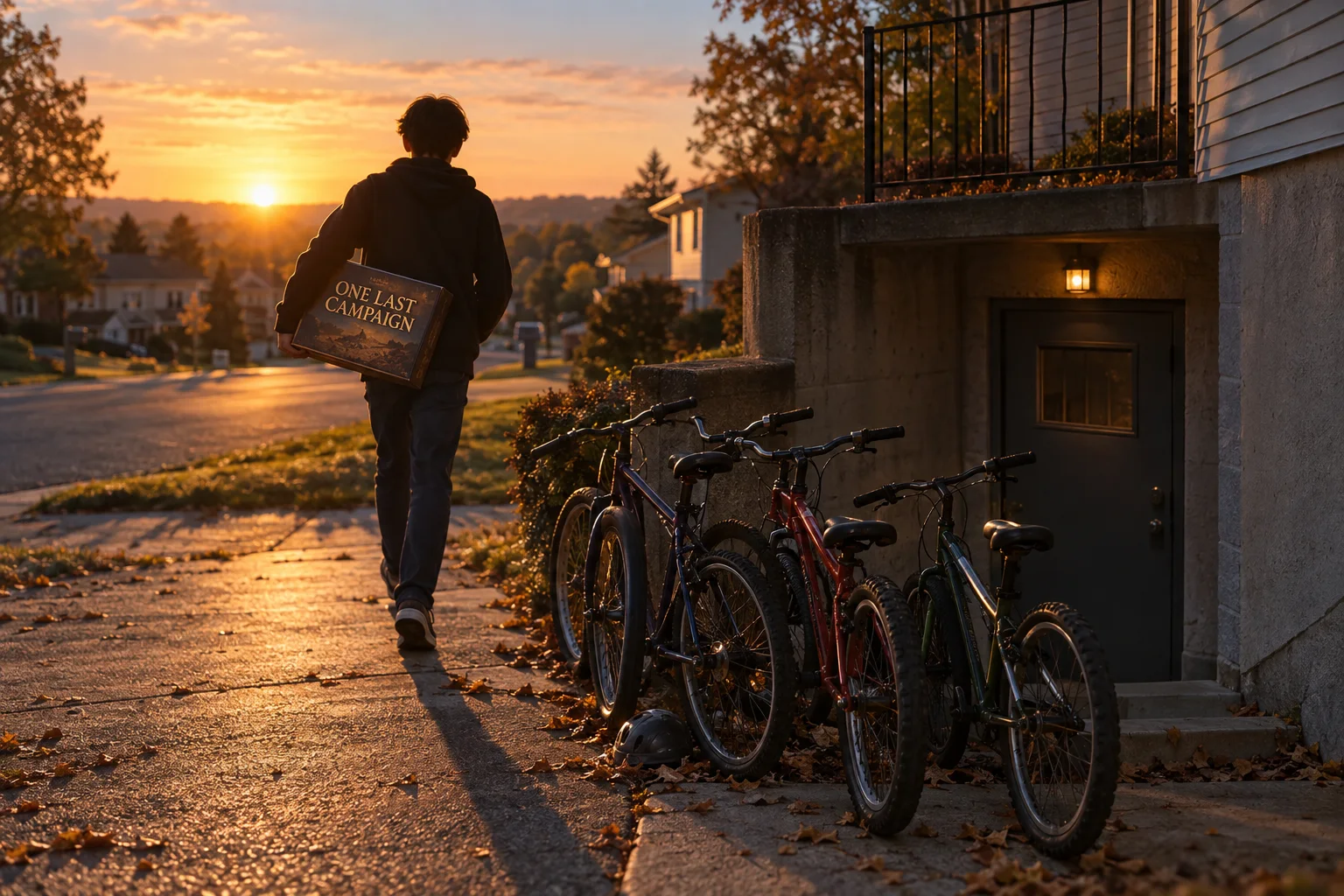 A teenager leaves a basement at sunset carrying a game box titled One Last Campaign