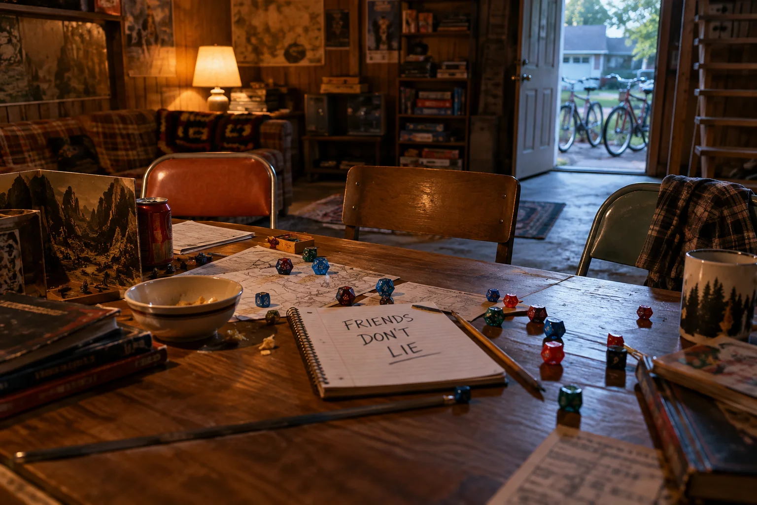 A tabletop campaign left behind beside a notebook reading Friends Don't Lie