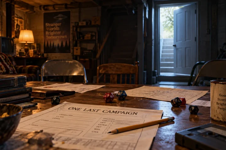 An empty 1980s basement game table with a sheet titled One Last Campaign