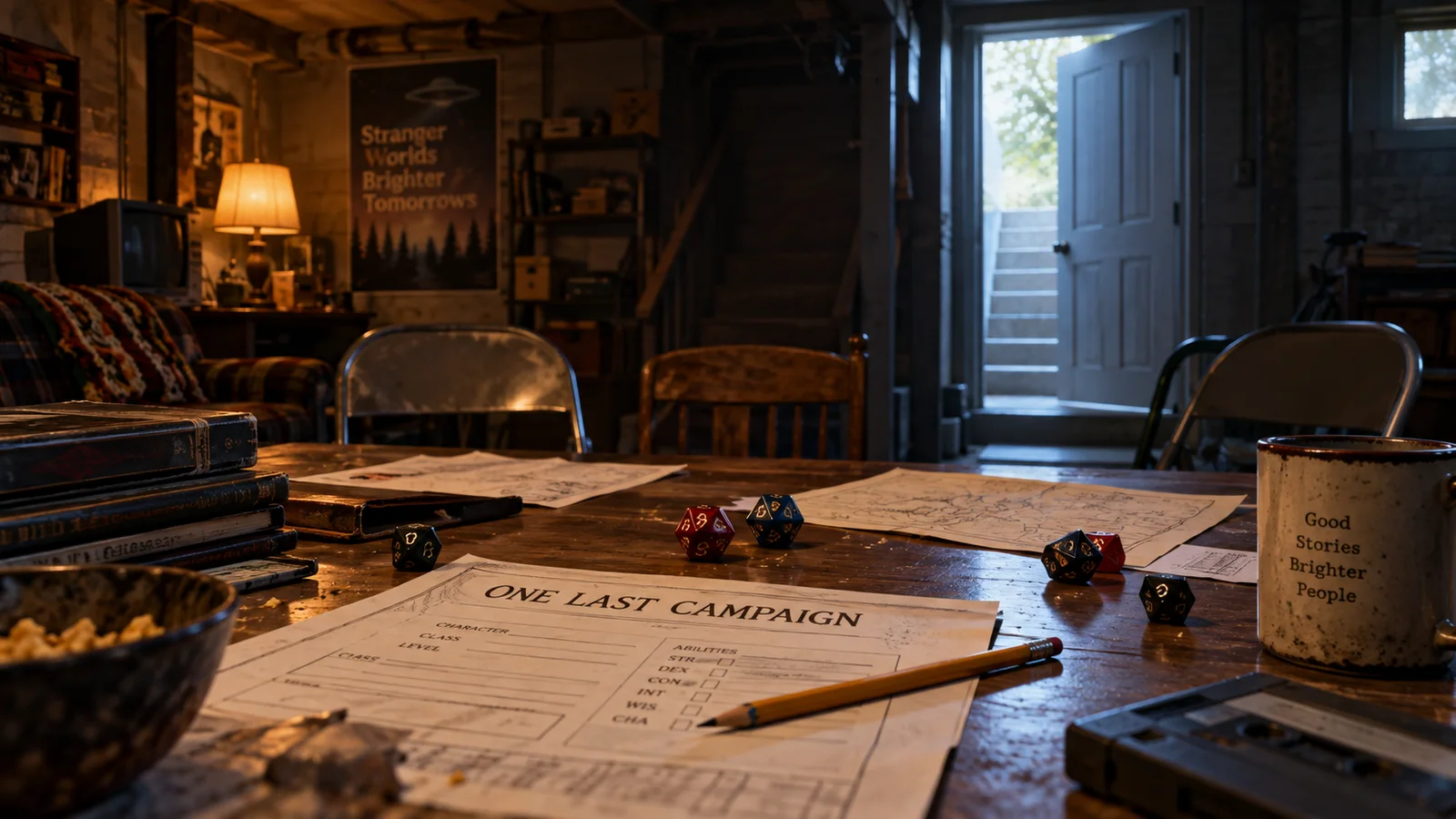 An empty 1980s basement game table with a sheet titled One Last Campaign