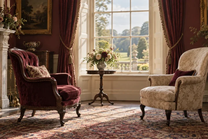 Two empty period chairs face a garden window from opposite sides of a warm room.