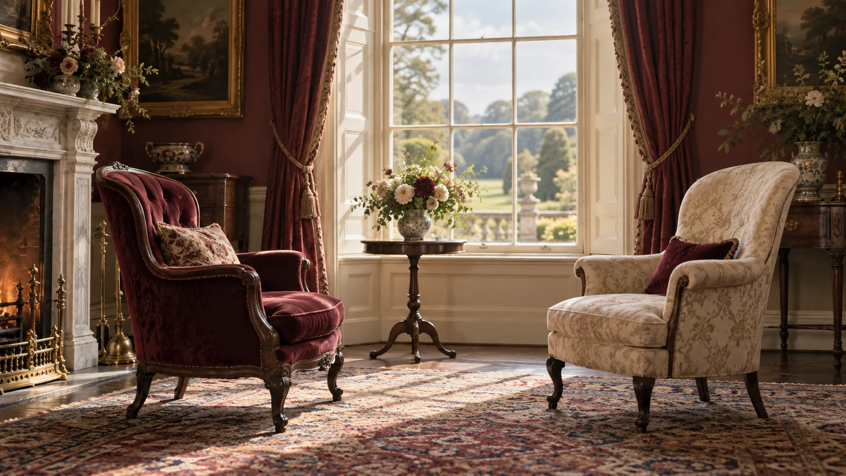 Two empty period chairs face a garden window from opposite sides of a warm room.