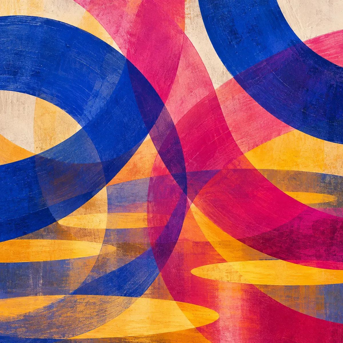 Interlocking cobalt and magenta arcs around warm amber floor marks.