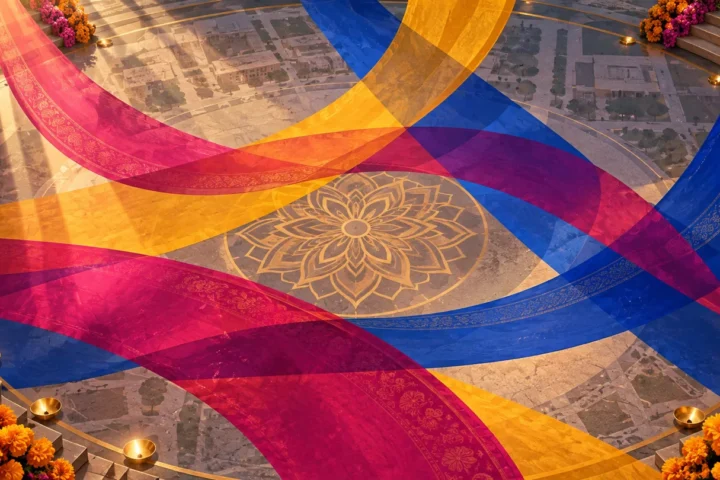 Abstract marigold, cobalt, and magenta ribbons creating a dance-floor geometry.