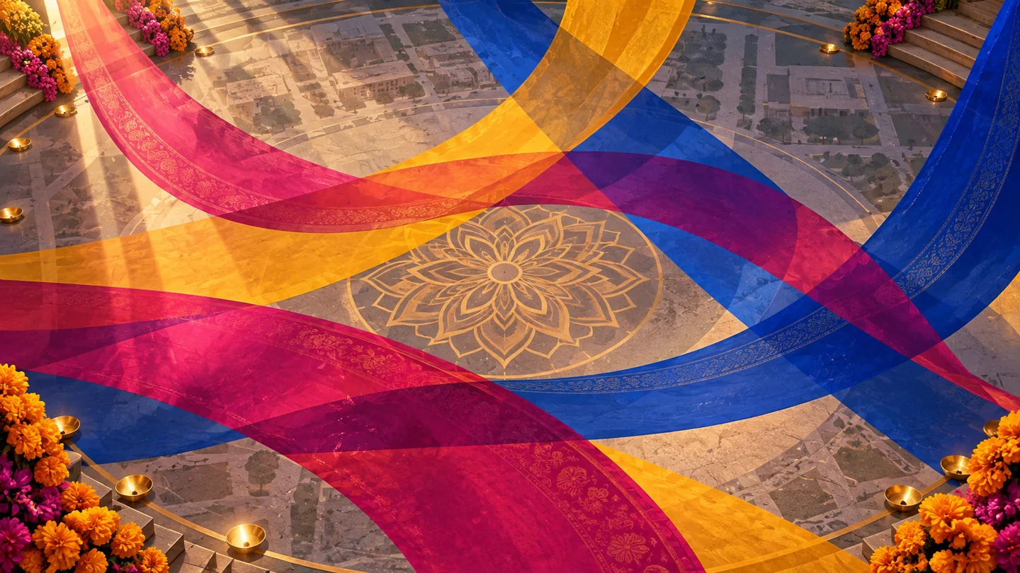 Abstract marigold, cobalt, and magenta ribbons creating a dance-floor geometry.