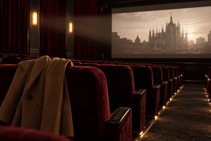 An empty cinema with a tailored coat draped over a seat in projector light.