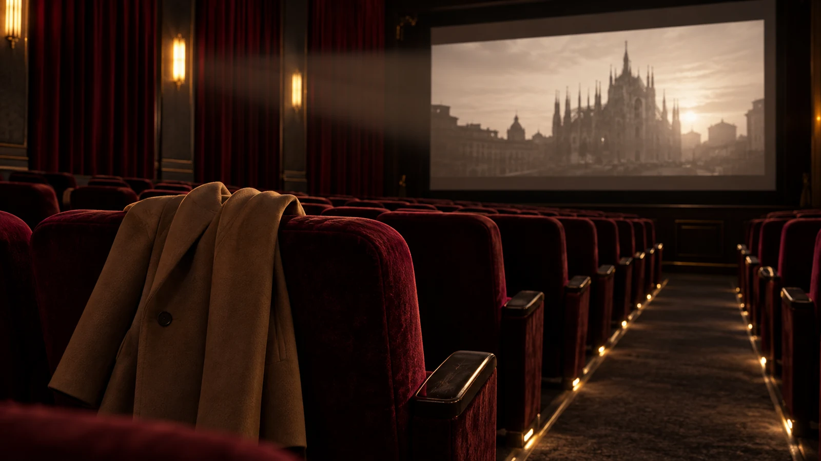 An empty cinema with a tailored coat draped over a seat in projector light.