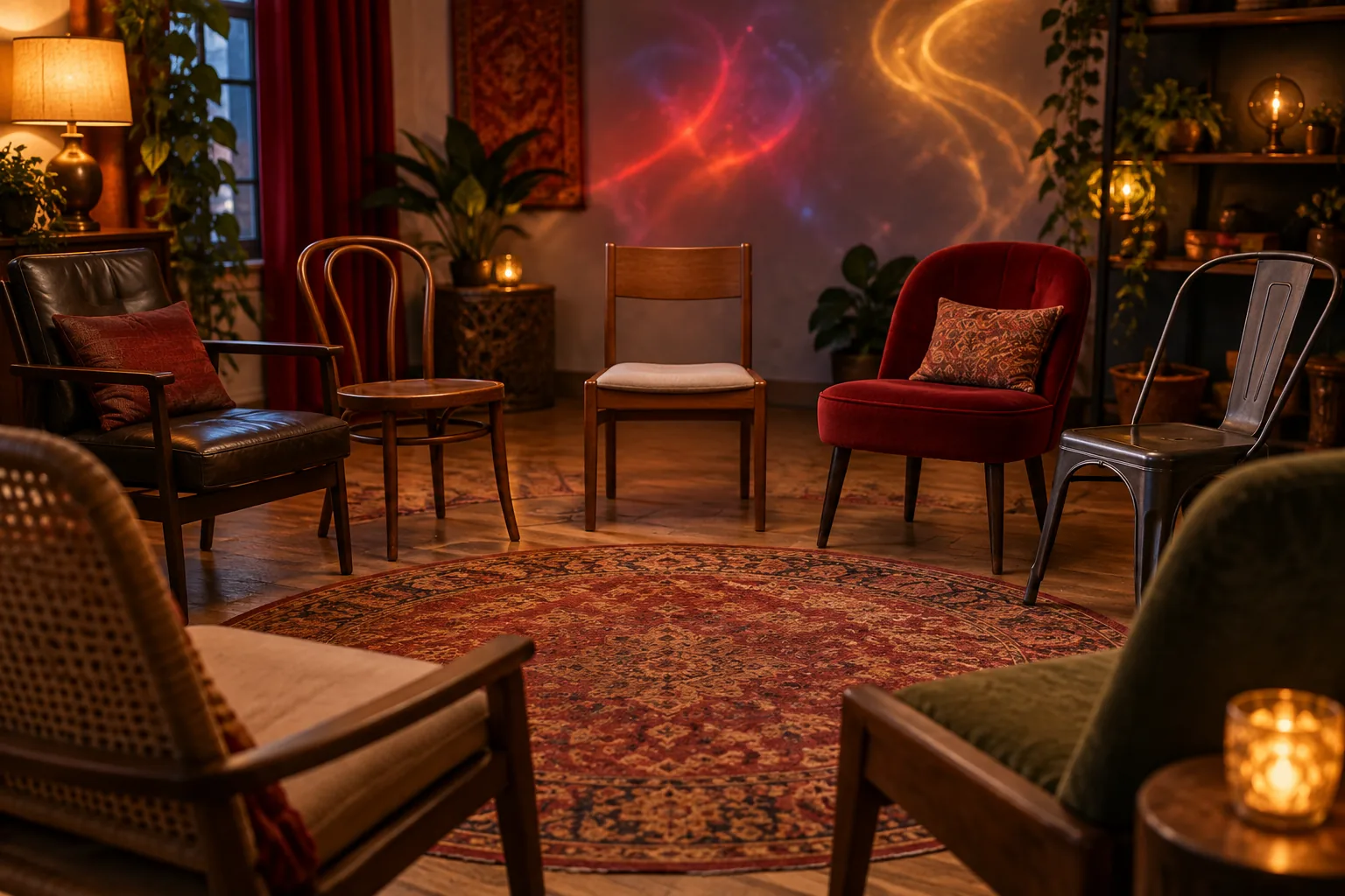An open circle of empty seats beneath colorful abstract genre-inspired lights, suggesting room for more fan voices