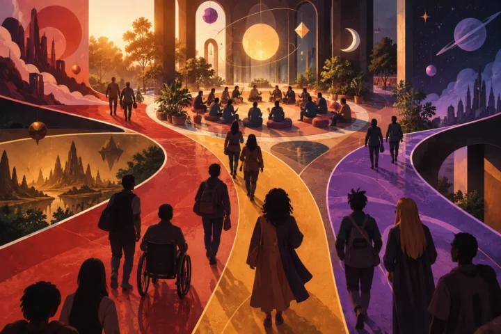 Colorful abstract paths opening into a shared gathering space for genre fans