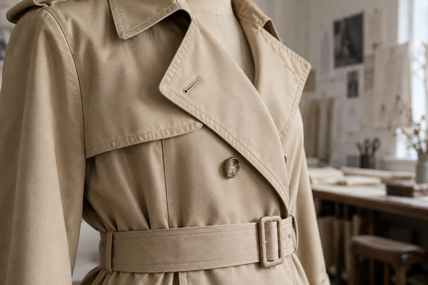 Close view of the stitching and belt on a neutral trench coat.