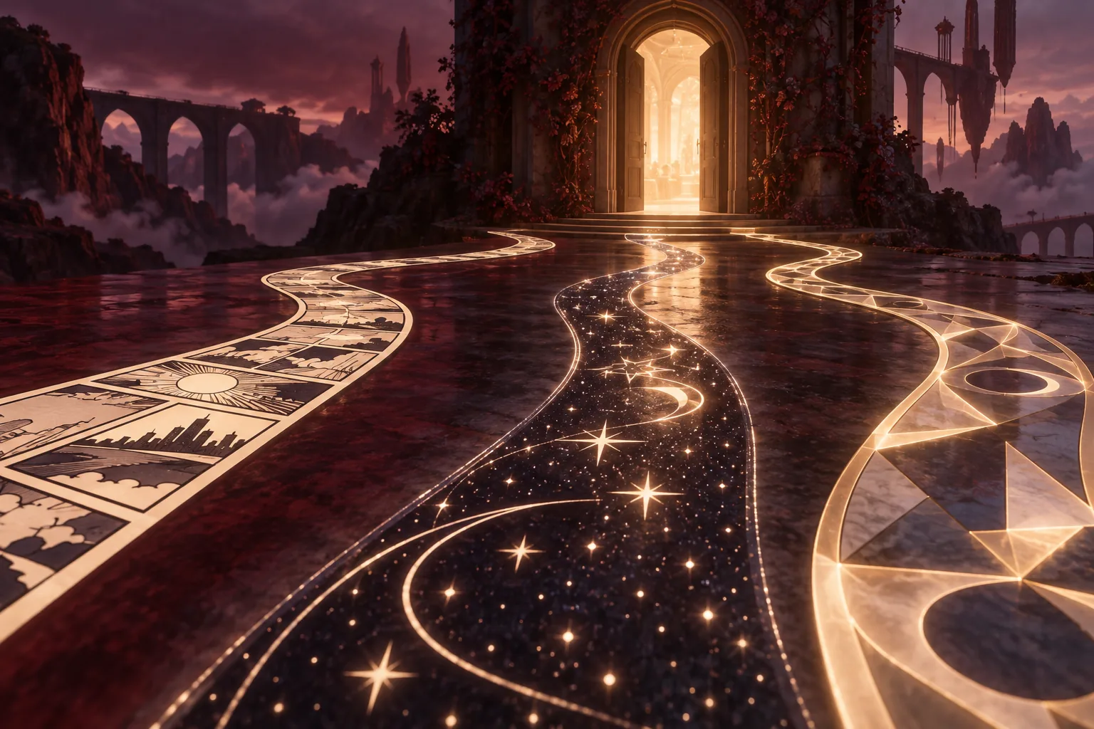 Abstract paths inspired by science fiction and comics meeting at a warmly lit open doorway