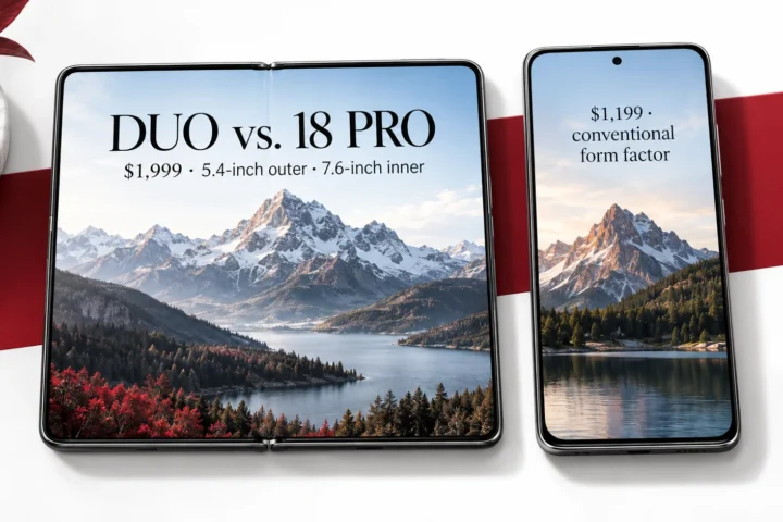 Unbranded foldable Duo-style phone and conventional 18 Pro-style phone showing a factual price and display-size comparison.