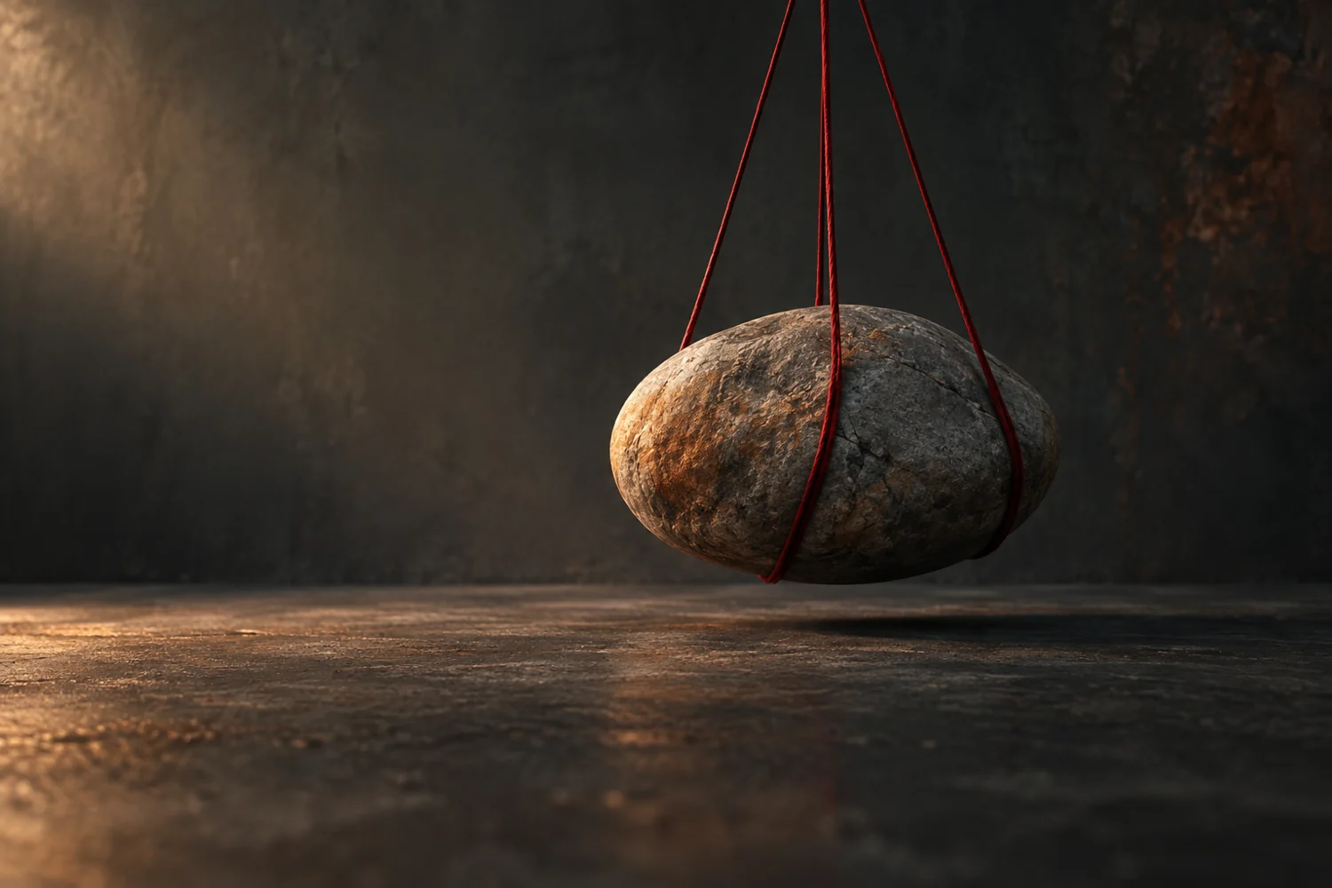 A stone suspended by red thread in a dark, spare space.