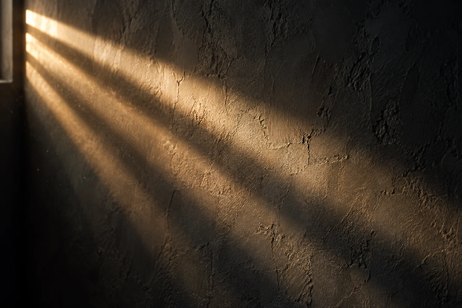 Several warm beams of light crossing a dark textured wall.