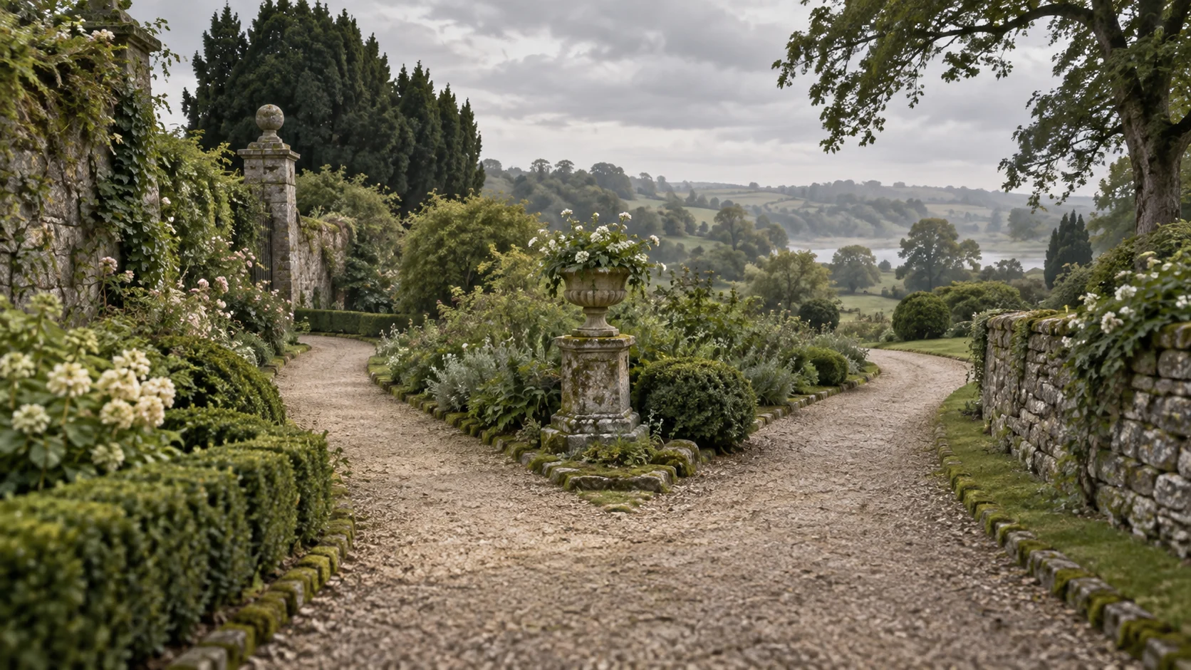 Two paths diverge through a quiet garden beneath an overcast sky.