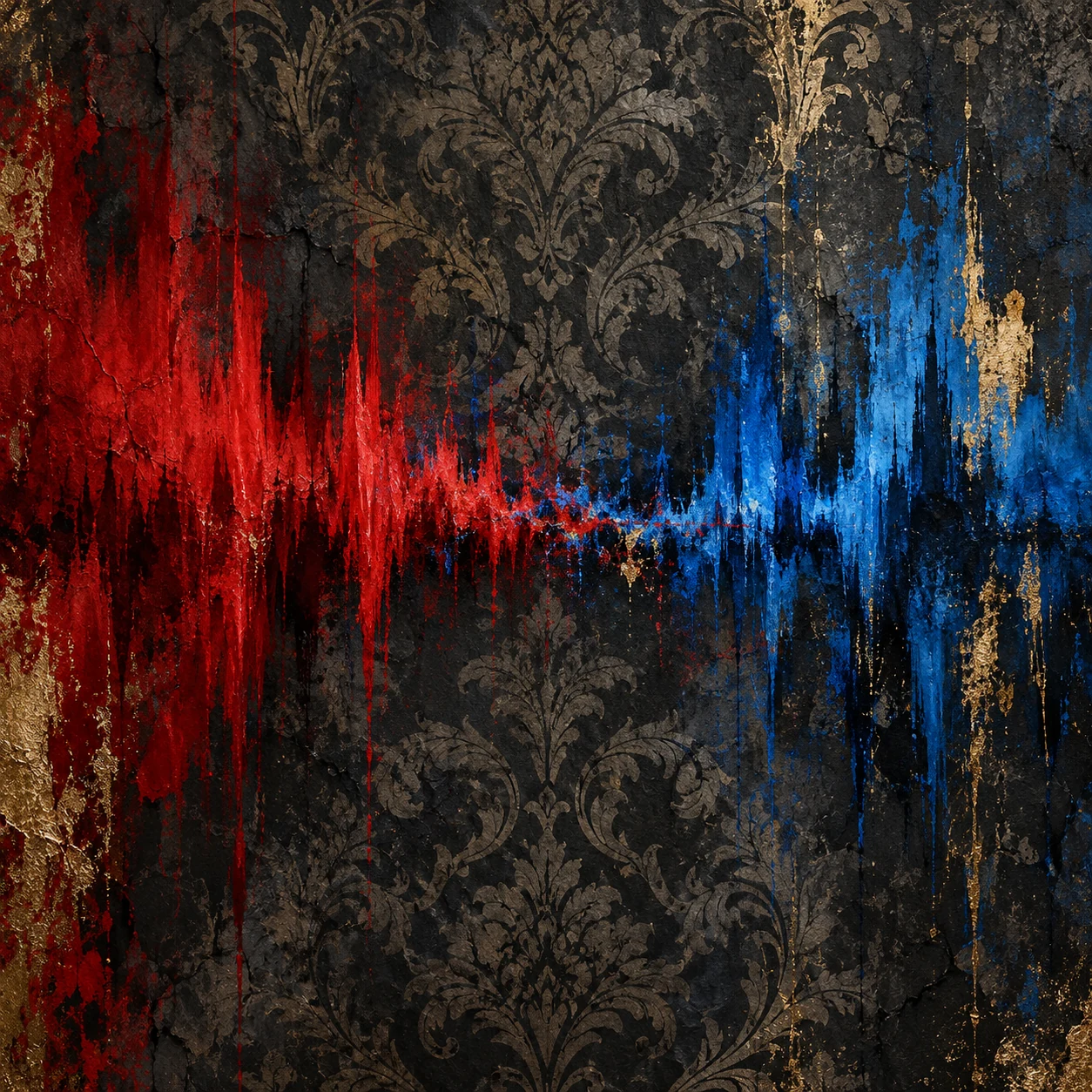 Crimson and electric-blue music-wave fragments crossing a faded Victorian wallpaper pattern.