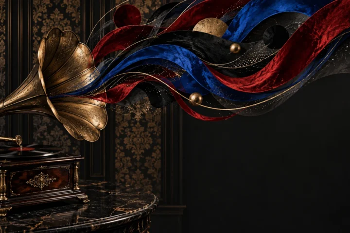 Brass gramophone horn dissolving into crimson and cobalt sound ribbons over a dark Victorian-style pattern.