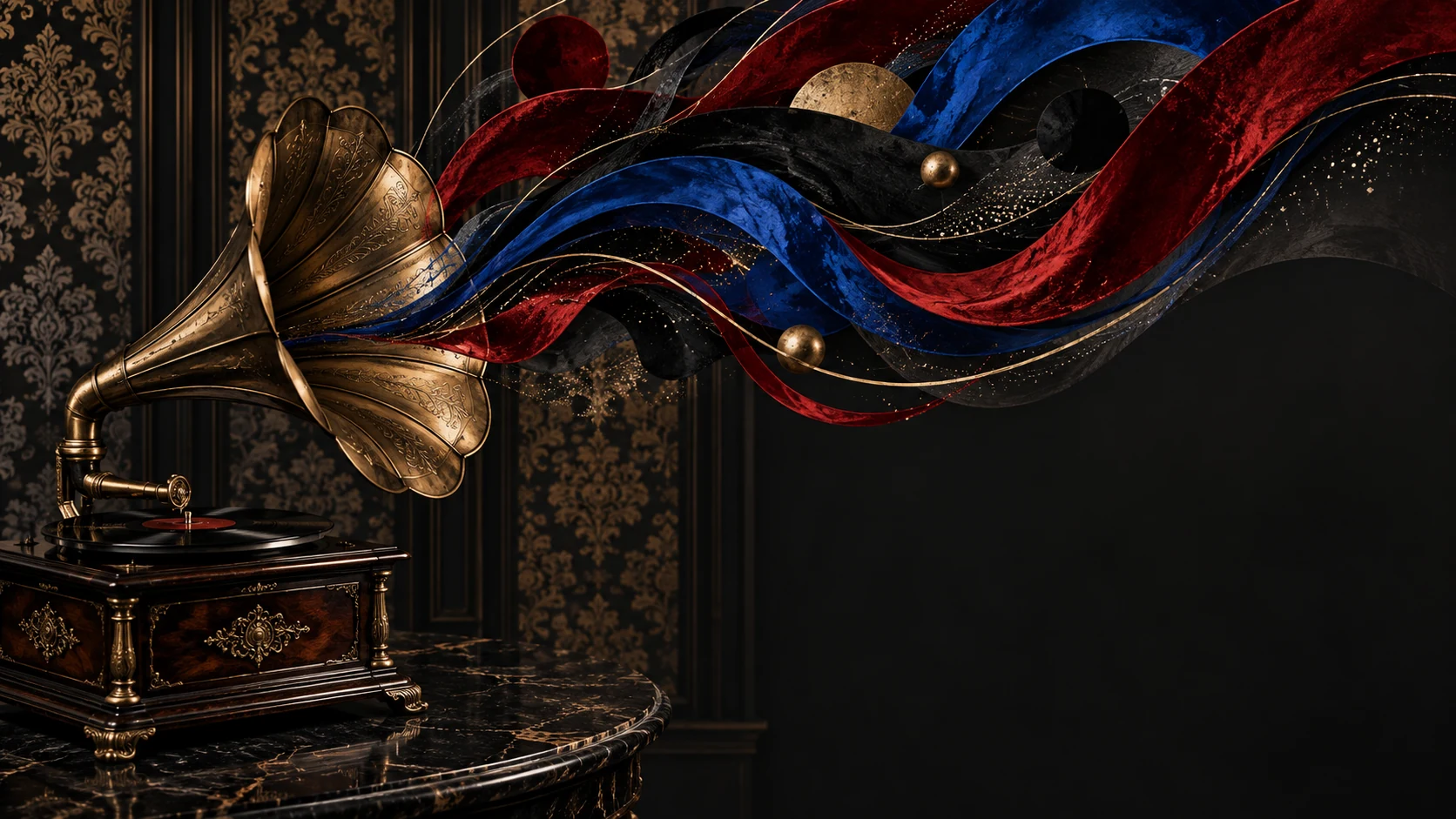 Brass gramophone horn dissolving into crimson and cobalt sound ribbons over a dark Victorian-style pattern.