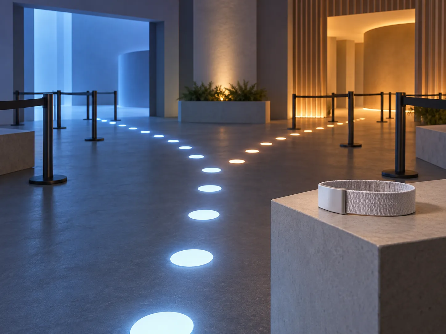 A branching unbranded entry route marked by circular light pools in an abstract hall.