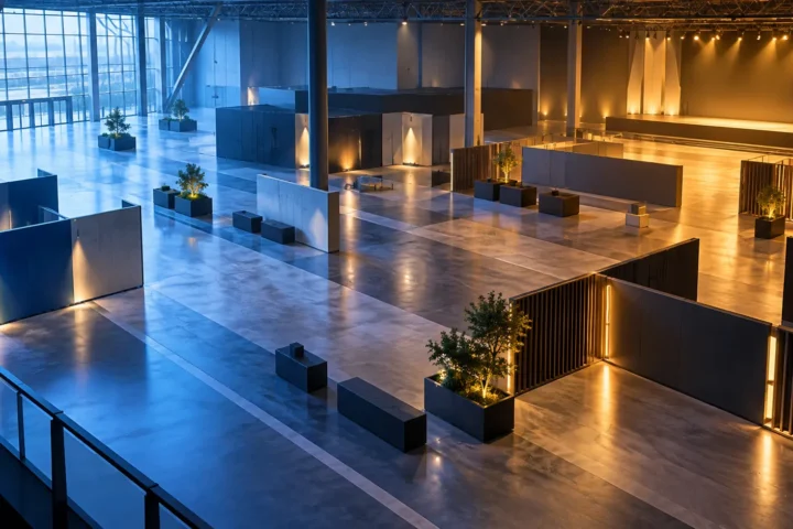 An unbranded convention hall shifting from cool afternoon light to warm evening light.