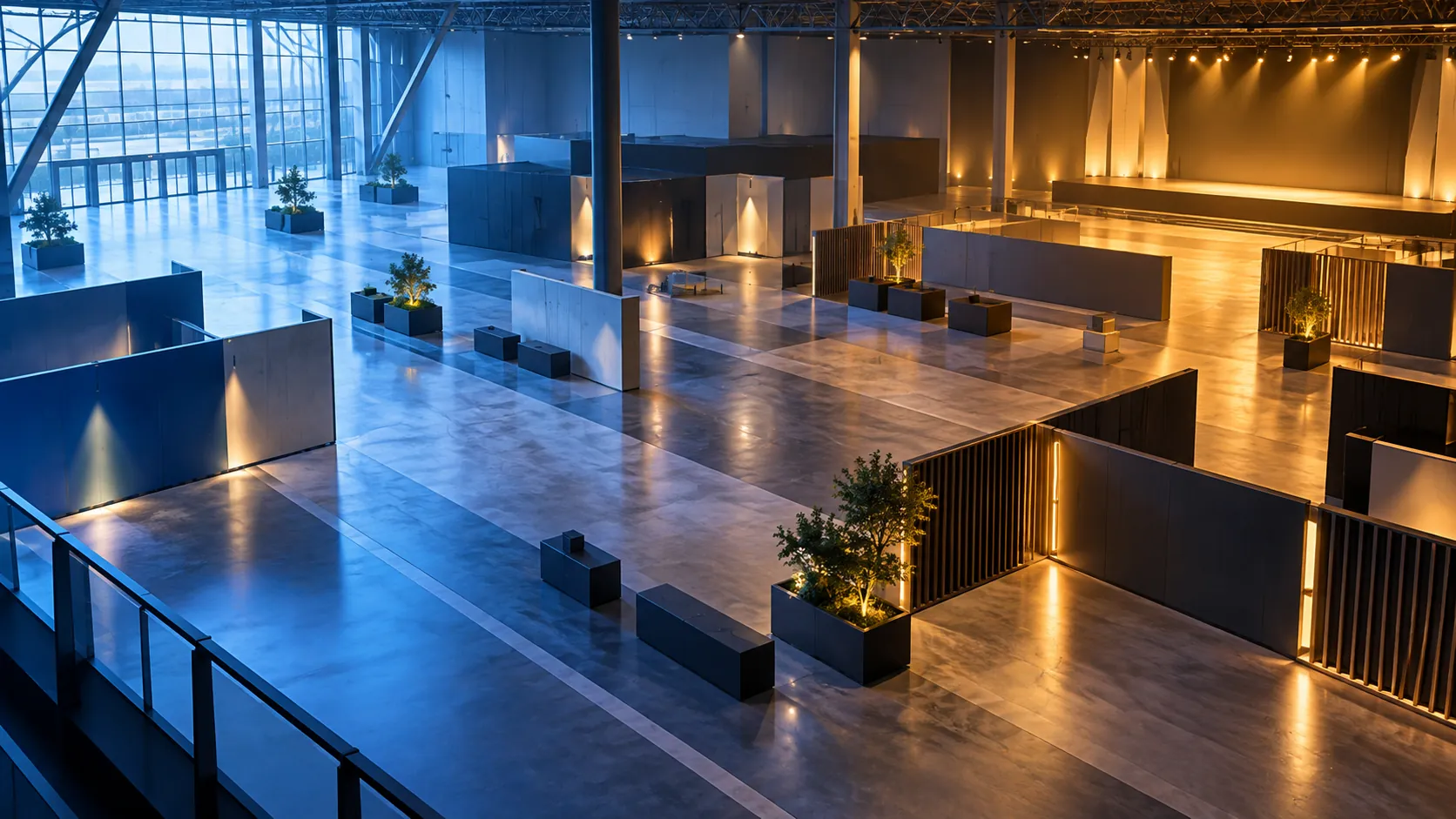 An unbranded convention hall shifting from cool afternoon light to warm evening light.