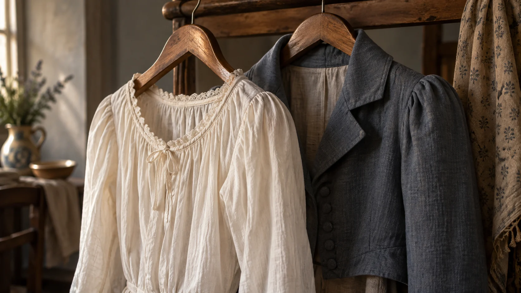 Close view of layered fabric and a simple jacket hanging on a wooden rail.