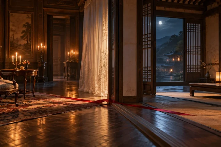 A translucent screen joins a candlelit salon and a Korean-inspired interior.