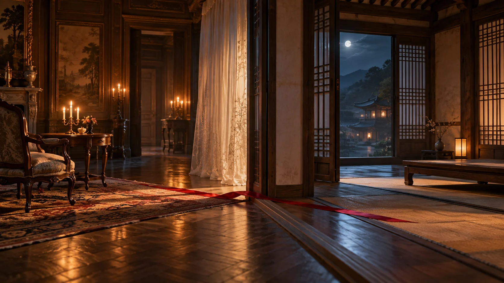 A translucent screen joins a candlelit salon and a Korean-inspired interior.