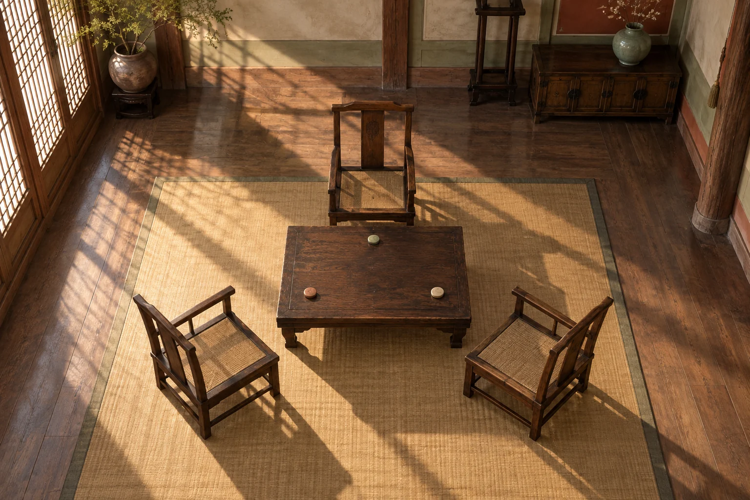 Three empty chairs surround a low table in a Korean-inspired interior.