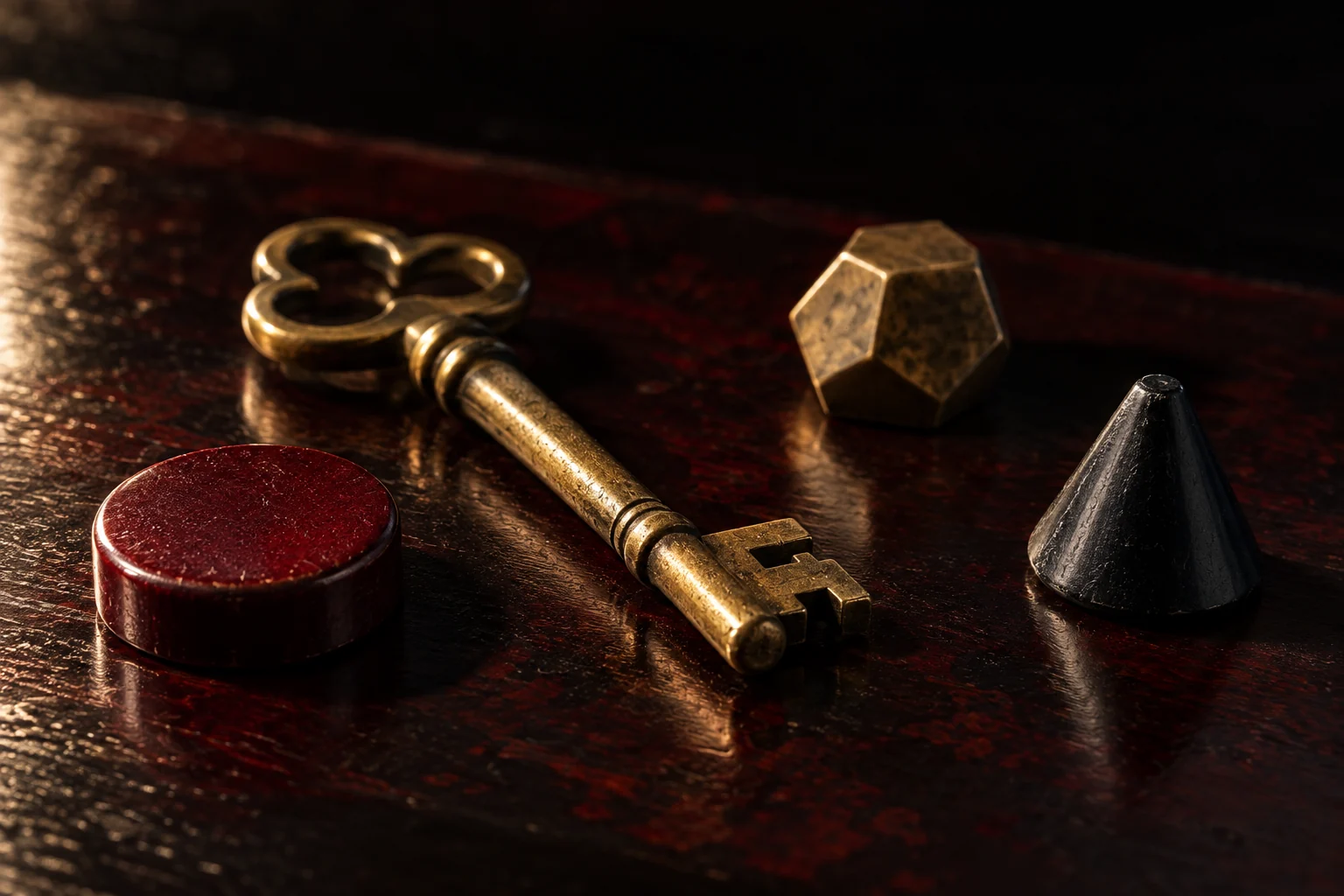 A brass key and three game tokens cast separate shadows on a dark table.