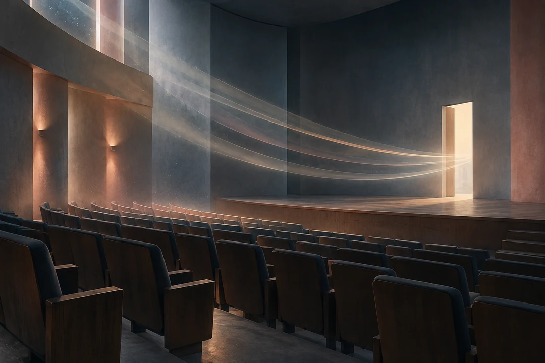 An empty concert room where soft bands of light curve from the seats toward an open stage doorway