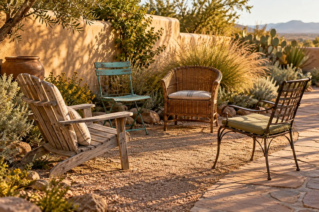 Four mismatched empty chairs form a conversational arc beside a desert garden path.