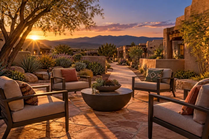 A wide New Mexico courtyard with empty community chairs, a low table, an open path, and a long evening shadow.