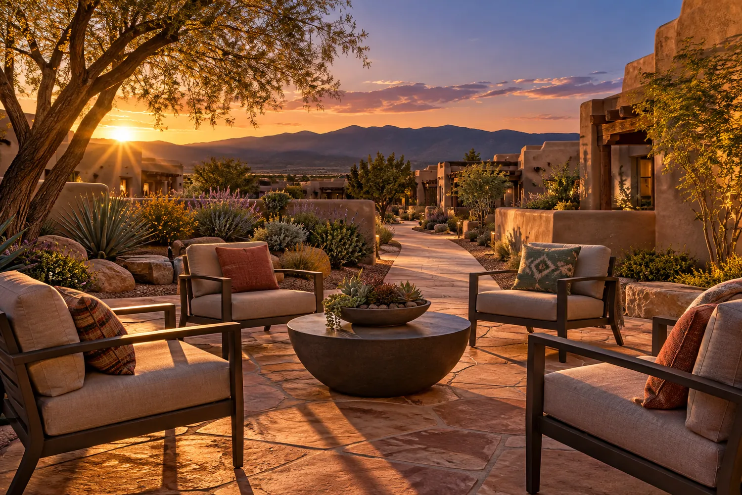 A wide New Mexico courtyard with empty community chairs, a low table, an open path, and a long evening shadow.