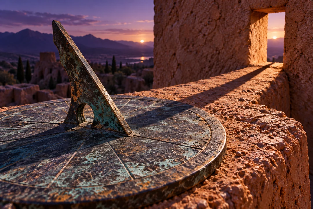 A weathered bronze sundial casts a precise shadow toward an opening in an adobe wall.