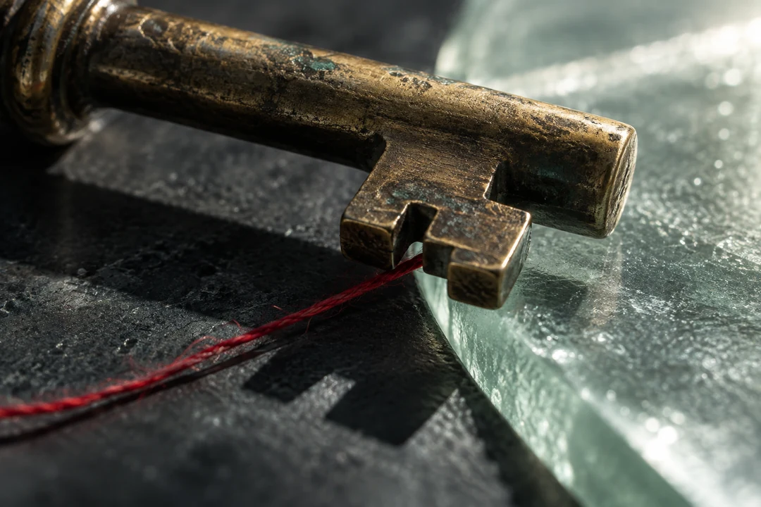 Extreme macro view of a brass key crossing a sharp boundary of light and shadow
