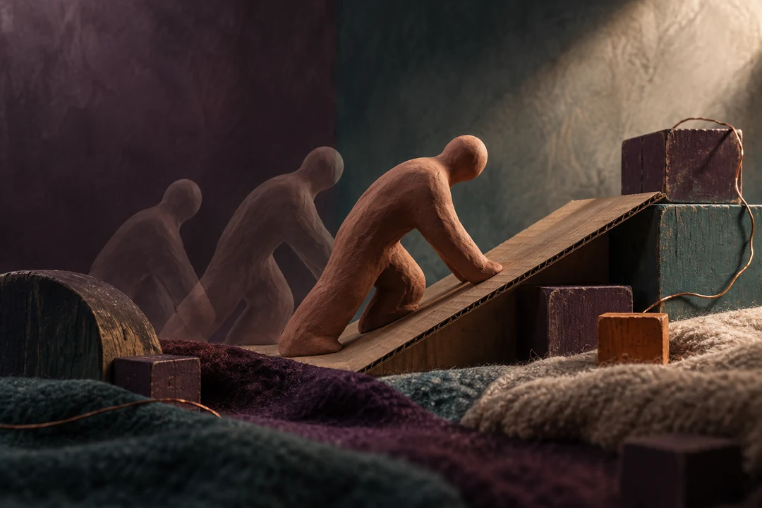 A side view of an abstract clay form leaning across a textured handmade miniature set