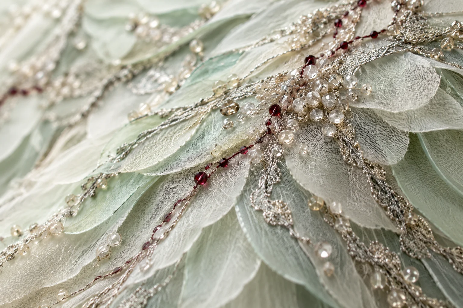 Original macro illustration of fictional couture embroidery in silver and muted garnet over layered pale-celadon translucent fabric.