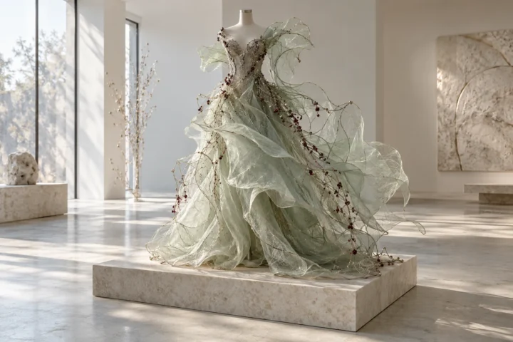 Original illustrative image of a fictional celadon and silver couture form displayed on a limestone plinth in a bright gallery.