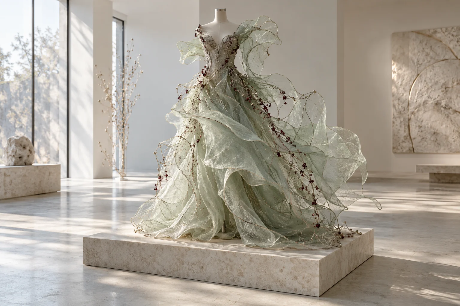 Original illustrative image of a fictional celadon and silver couture form displayed on a limestone plinth in a bright gallery.