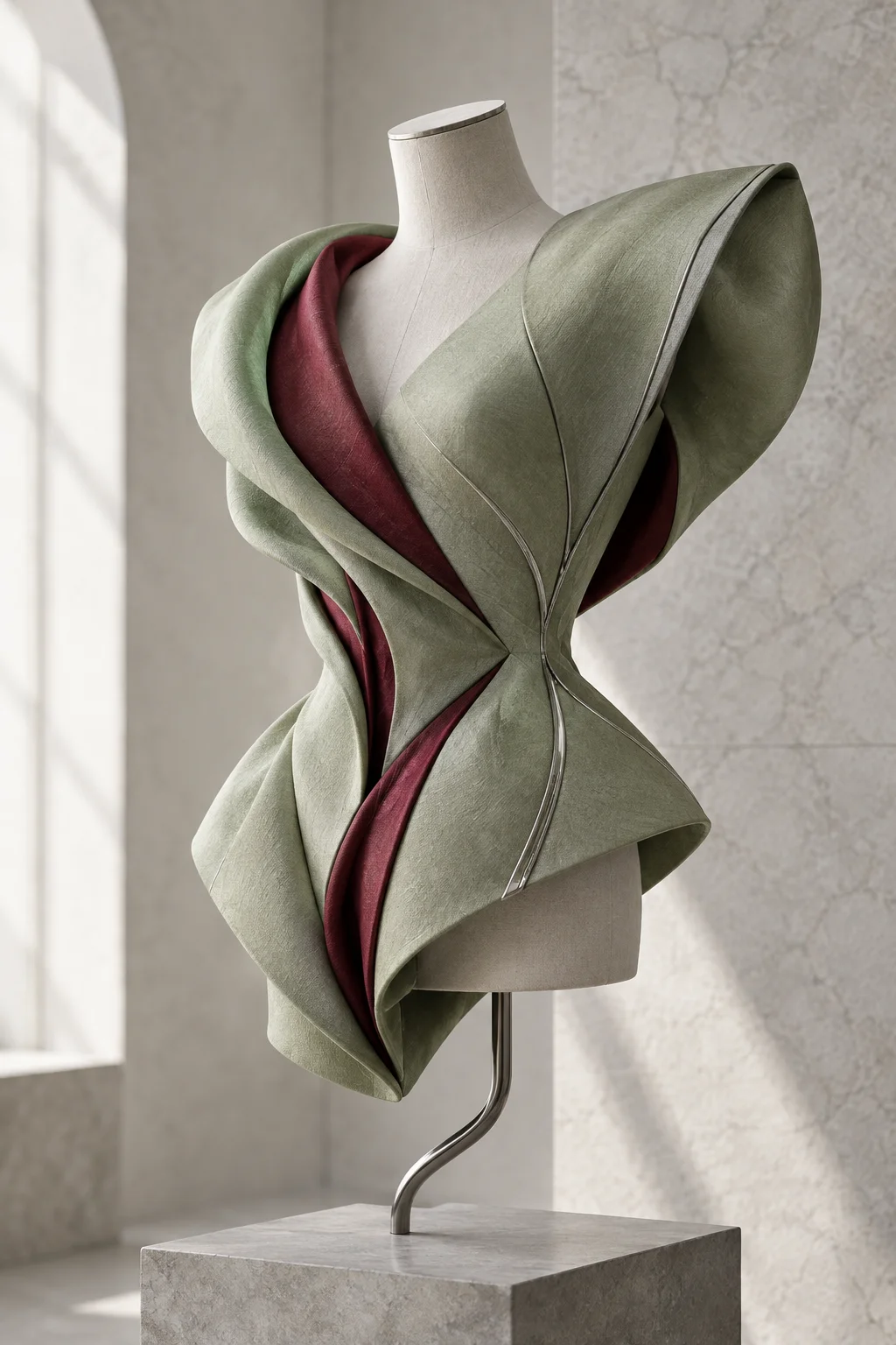 Original illustrative medium view of a faceless sculptural couture form showing layered pale-green fabric, curved volume, and a muted crimson inner plane.