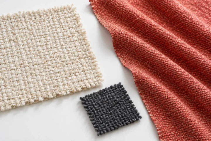 Ivory and charcoal fabric swatches lie beside coral-red cloth in diagonal folds on a white surface.