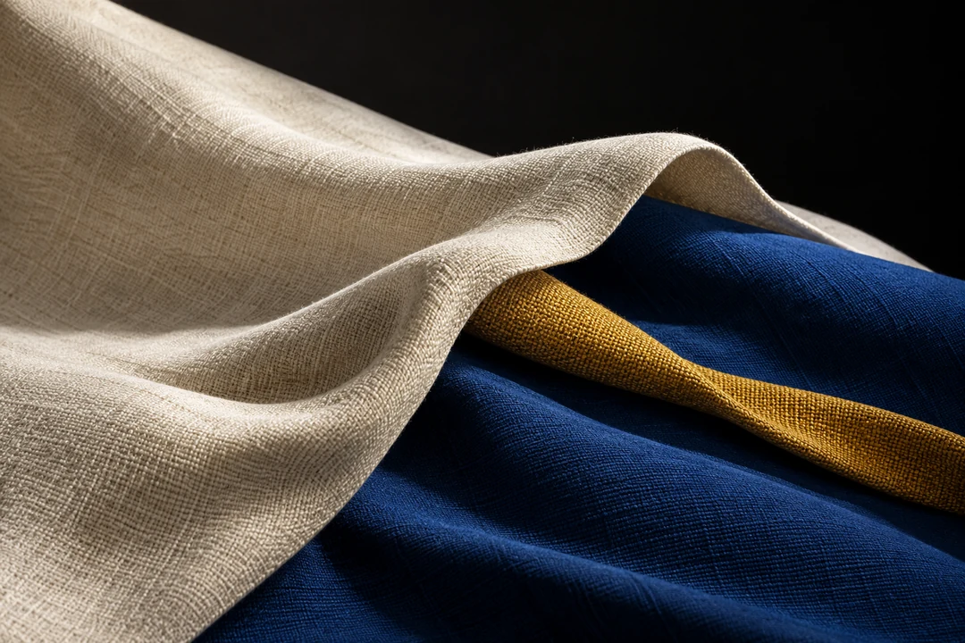 An anonymous ivory textile panel crossing diagonally over a cobalt fabric plane with suspended folded edges