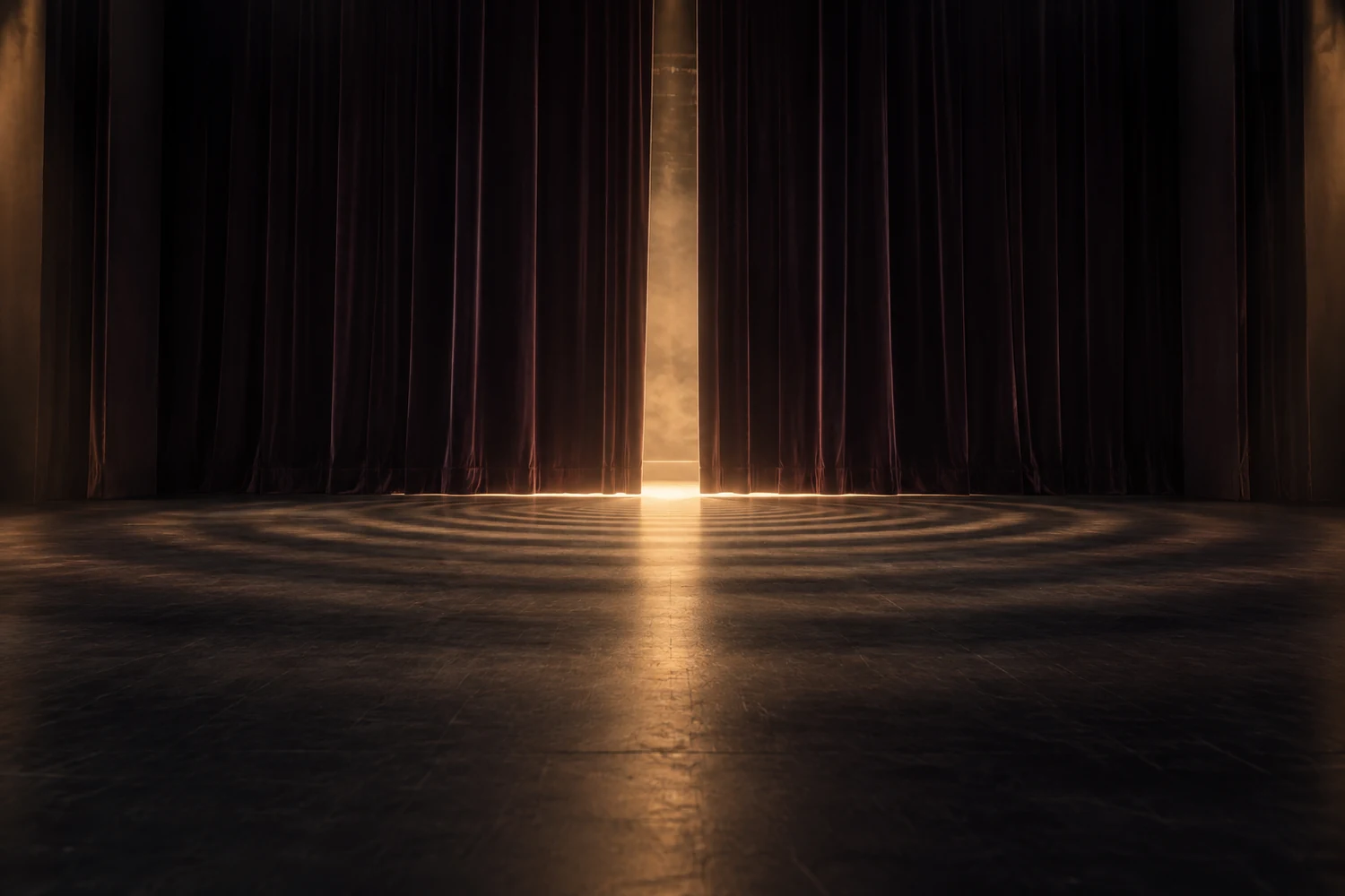 An empty concert stage with a glowing threshold beyond a dark curtain and concentric shadows across the floor