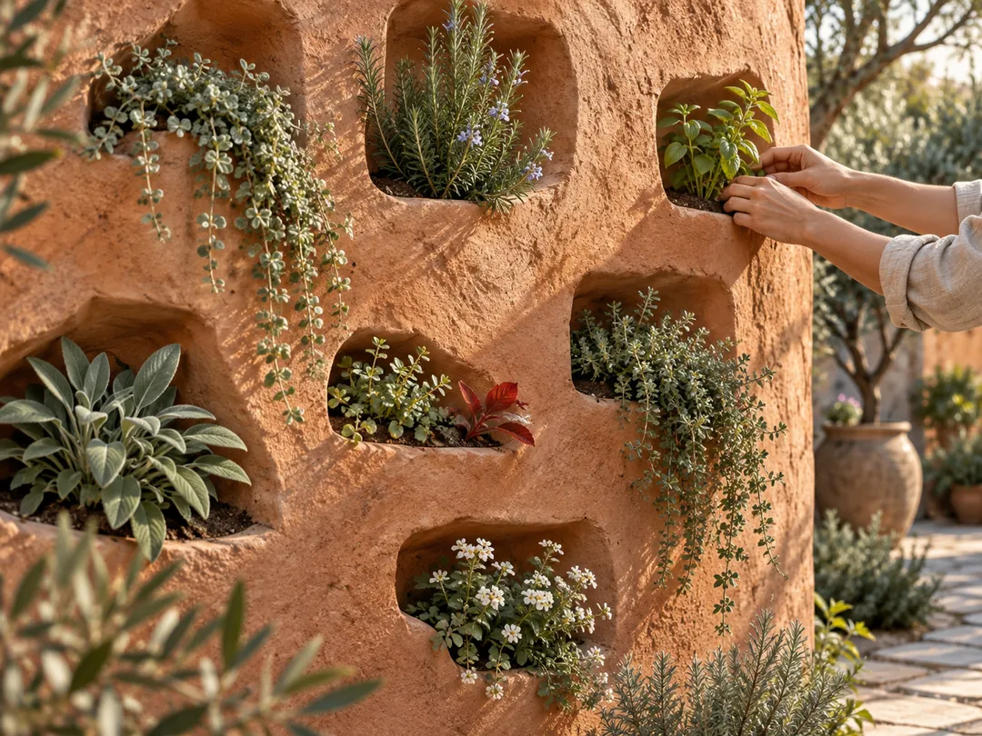 Anonymous hands tend herbs growing in several pockets of a terracotta wall.