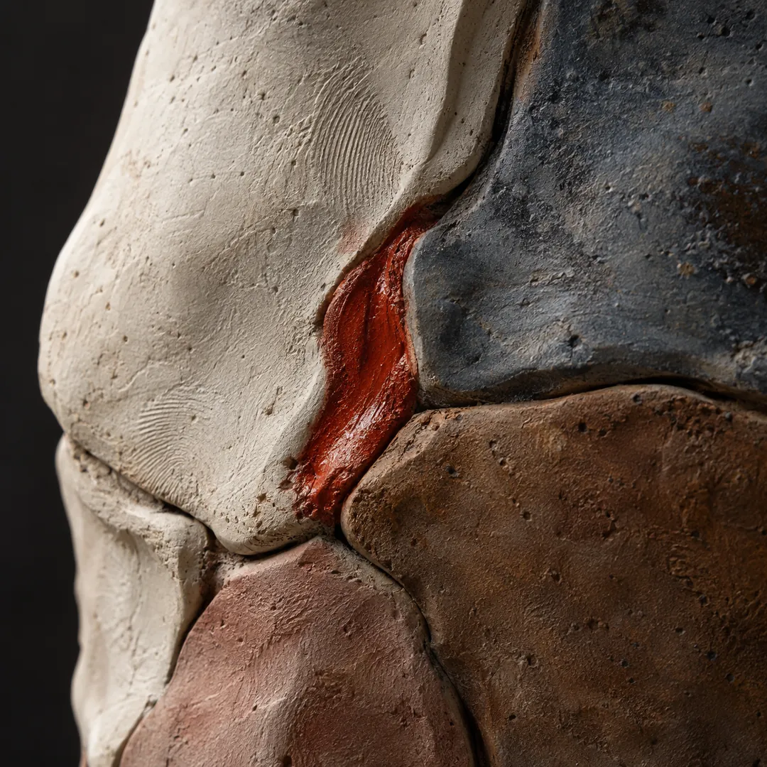 A red glaze stroke sits between irregular pale, blue-gray and brown clay slabs.