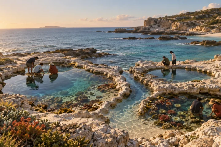 Small anonymous figures examine separate coastal tide pools linked by a shared inlet.