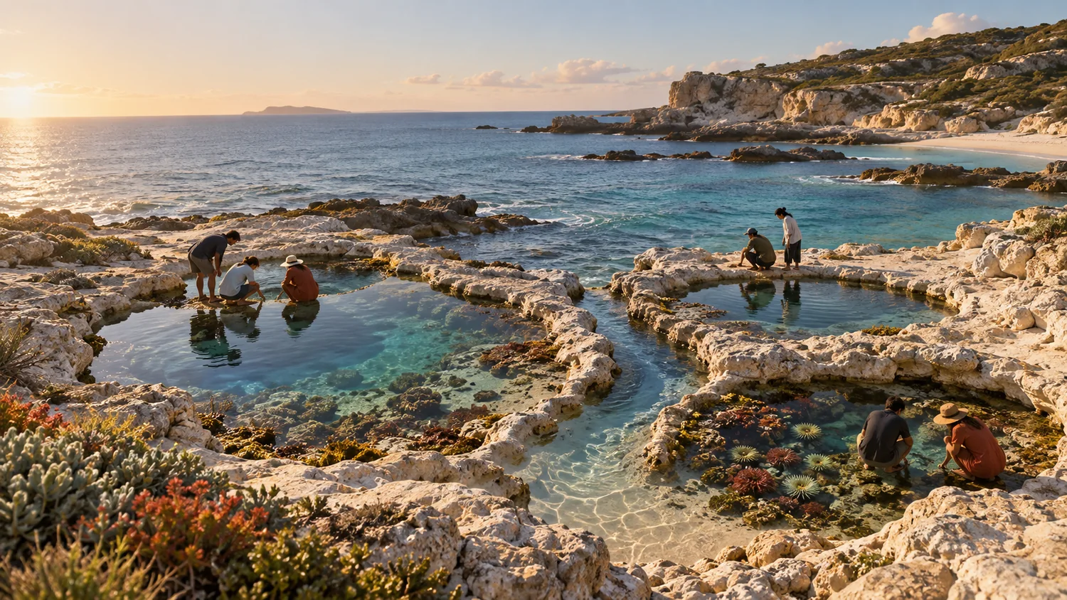 Small anonymous figures examine separate coastal tide pools linked by a shared inlet.