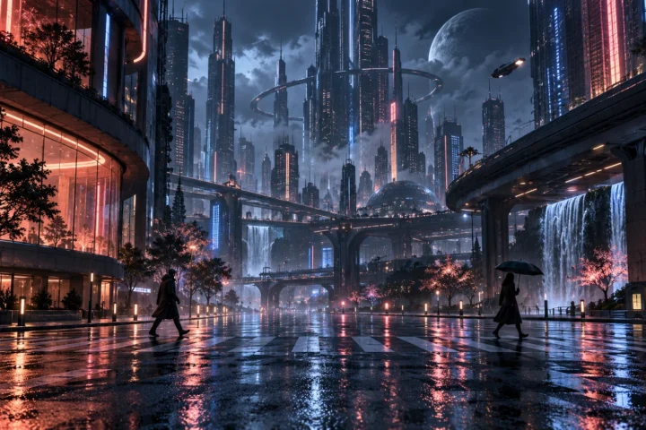 Two anonymous figures walk in separate directions through a rain-lit invented futuristic city.