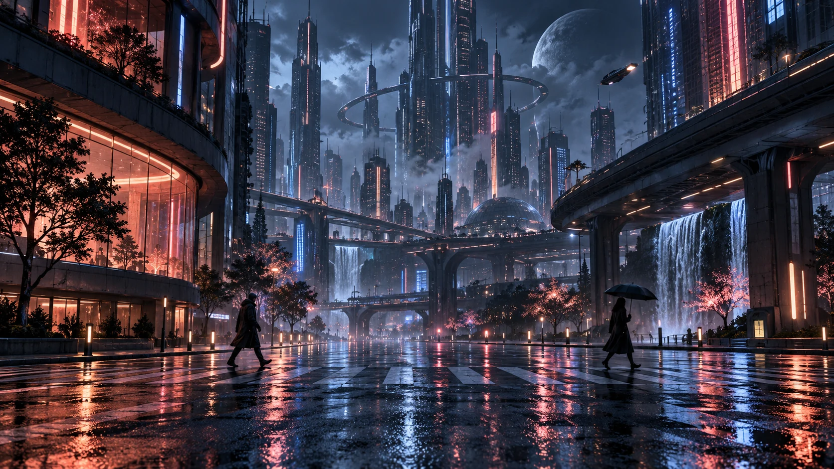 Two anonymous figures walk in separate directions through a rain-lit invented futuristic city.